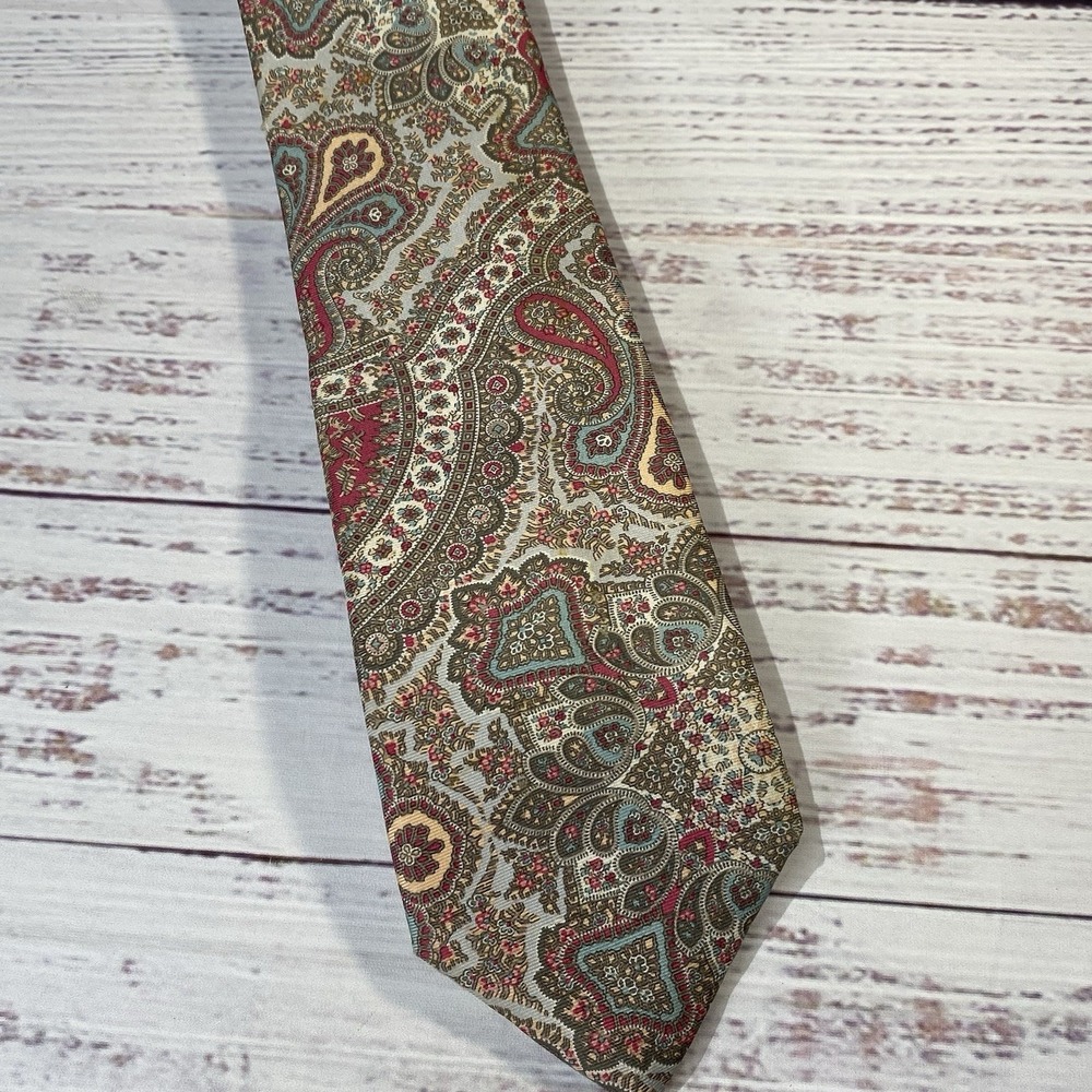 Vintage Damon 100% Silk Paisley Necktie Taupe Maroon Teal Yellow Slip Stitch USA